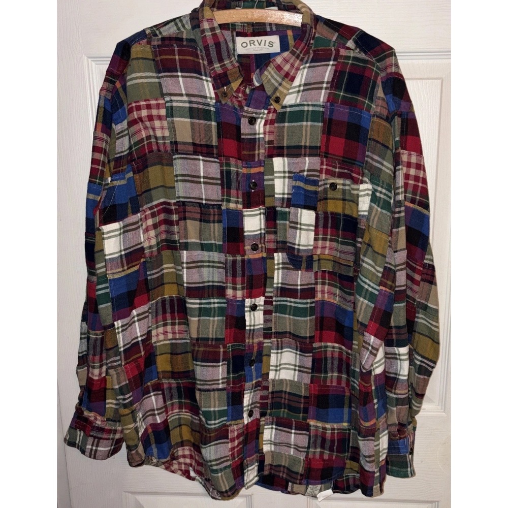 Orvis Men's L Madras Plaid Flannel Patchwork Vtg Button Down 100% Cotton Shirt